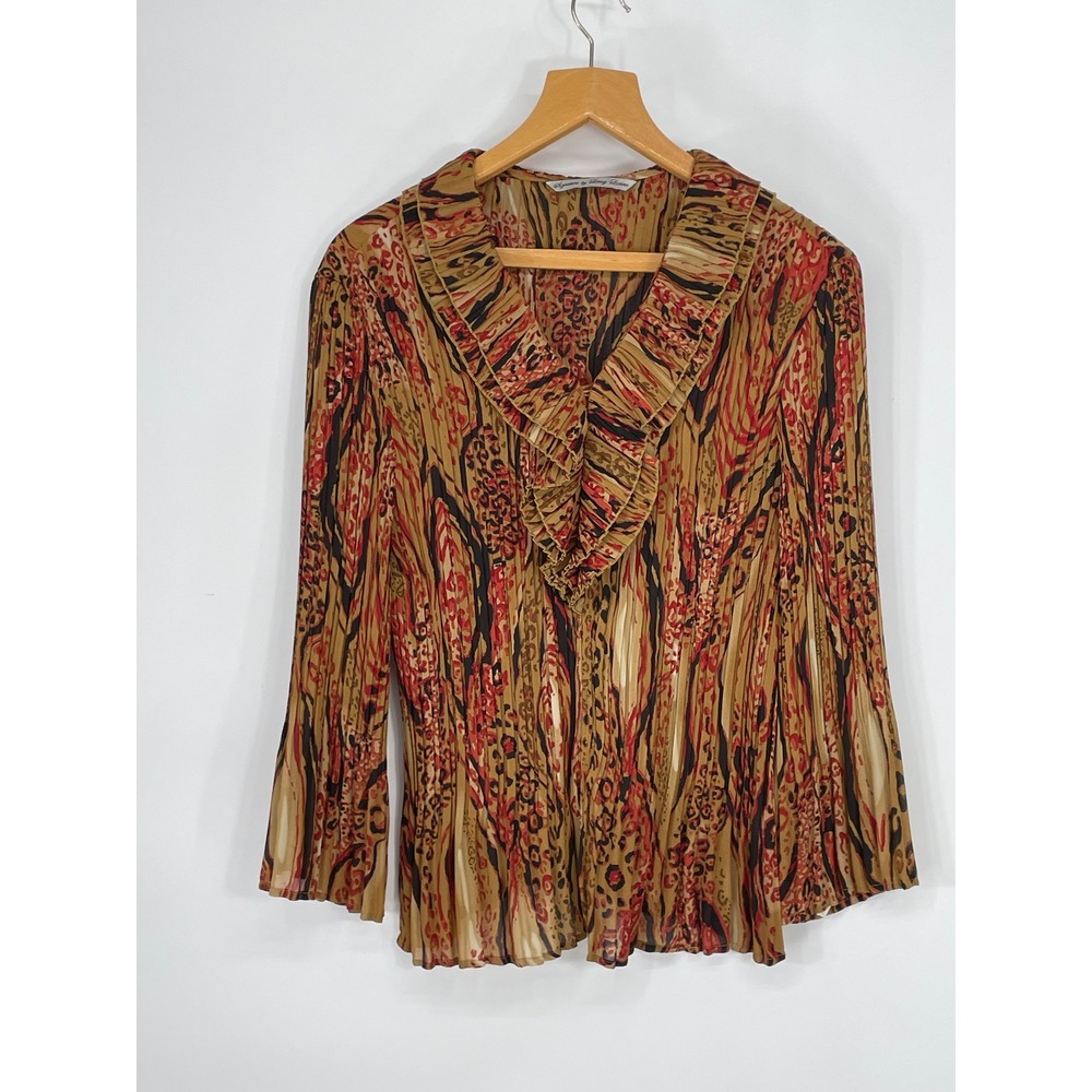 Signature by Larry Levine Womens Blouse L Pleated Animal Print Tan Red Black